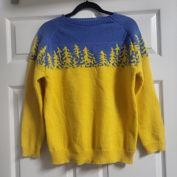 Sweaters - Norweger Style Yellow and Blue Tree Pattern Sweater- Size S